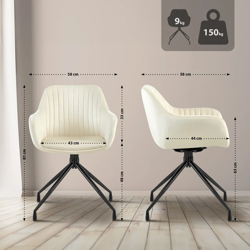 Lot de 2 fauteuils en velours crème à piétement étoile en métal noir – Chaise style contemporain 10_0007534