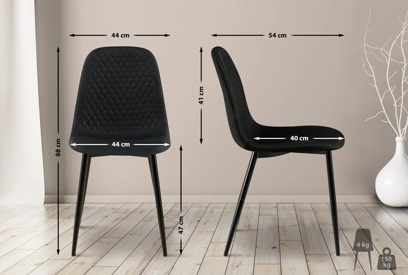 Chaises de salle à manger x4 coutures décoratives losanges assise en tissu noir pieds métal noir mat 10_0007733