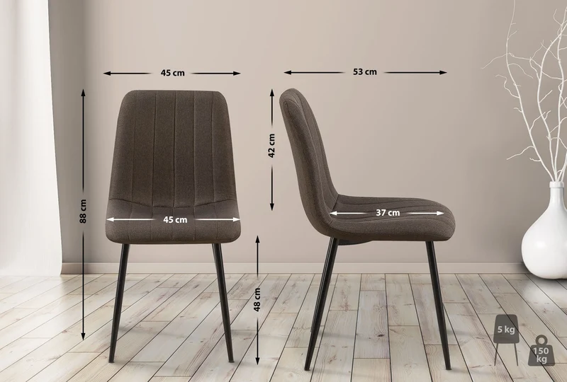 Chaises de salle à manger x4 coutures décoratives verticales assise en tissu marron pieds en métal noir 10_0007500