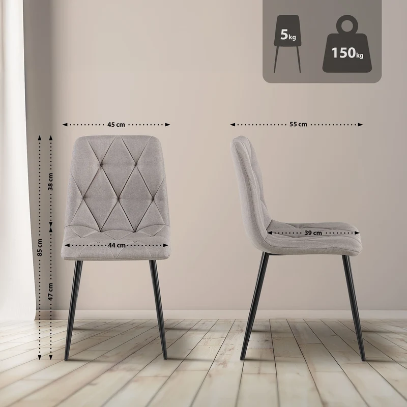 Lot de 2 chaises de salle à manger design moderne surpiqûres en losange tissu gris clair et cadre métal noir 10_0007606