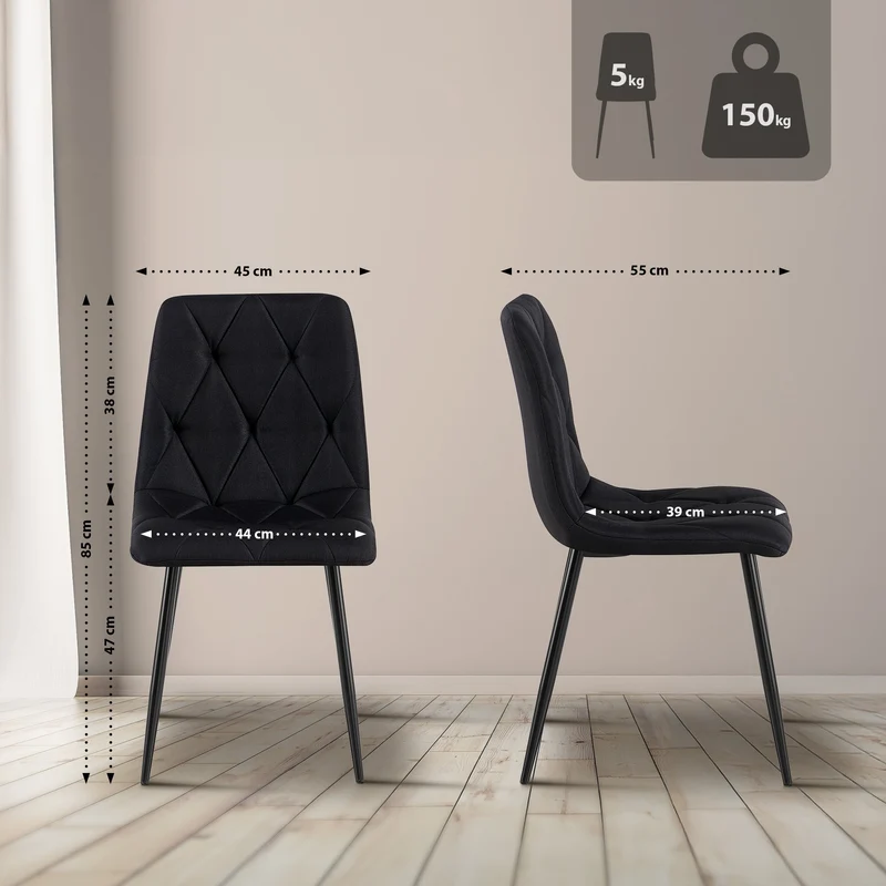 Lot de 2 chaises de salle à manger design moderne surpiqûres en losange tissu noir et cadre métal noir 10_0007337