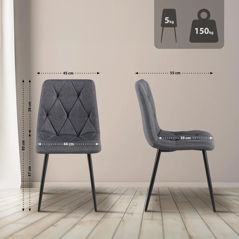 Lot de 2 chaises de salle à manger design moderne surpiqûres en losange tissu gris foncé et cadre métal noir 10_0007336
