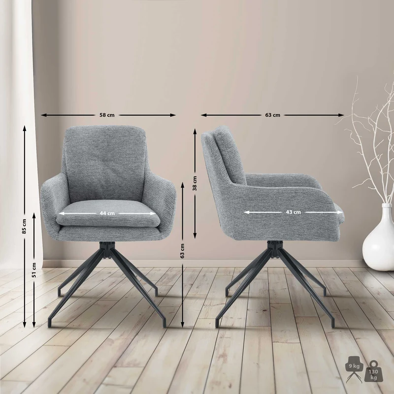 Chaise de salle à manger x1 fonction pivotante confortable et moderne en tissu gris cadre métal 10_0007597