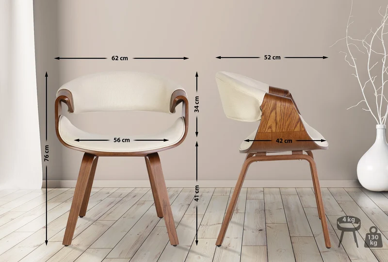 Chaise de salle à manger x1 avec accoudoirs design rétro en tissu crème et bois marron 10_0007444
