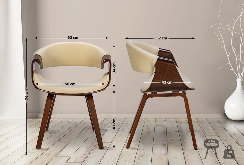 Lot de 2 chaises de salle à manger avec accoudoirs design rétro en PVC crème et bois marron 10_0007343