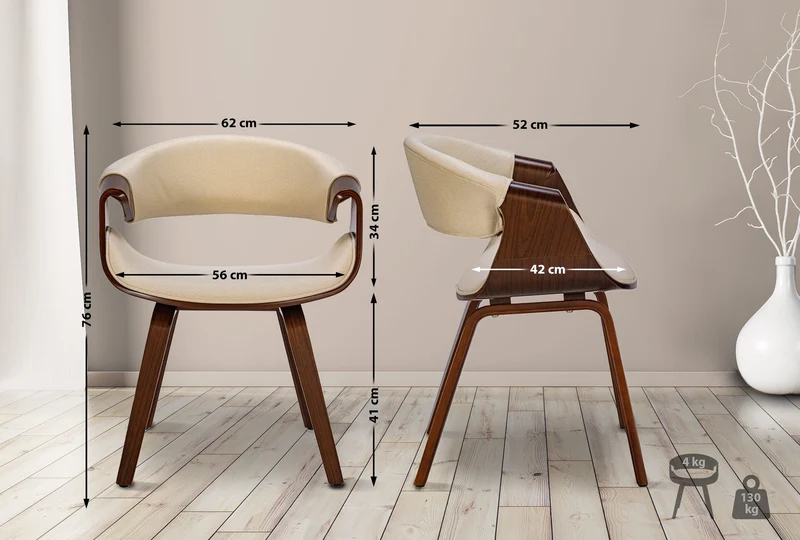 Lot de 2 chaises de salle à manger avec accoudoirs design rétro en tissu crème et bois marron 10_0007312