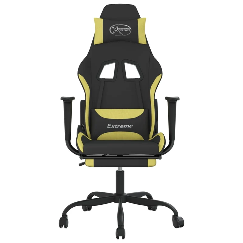 Fauteuil de bureau chaise gaming avec coussin lombaire fonction de massage avec repose-pieds en tissu noir et vert clair DEC025845