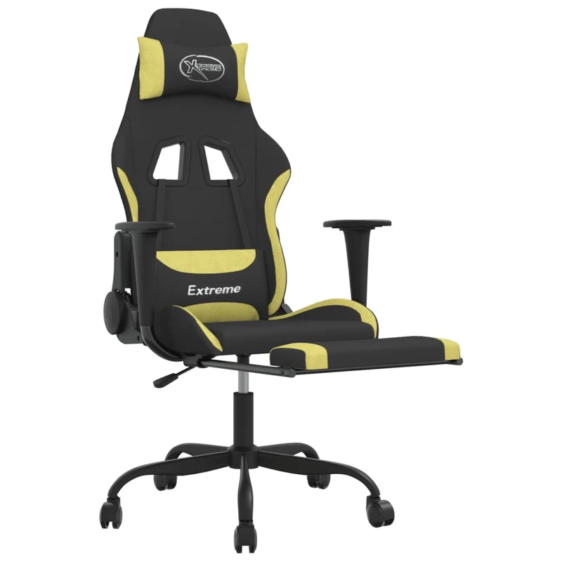 Fauteuil de bureau chaise gaming avec coussin lombaire fonction de massage avec repose-pieds en tissu noir et vert clair DEC025845