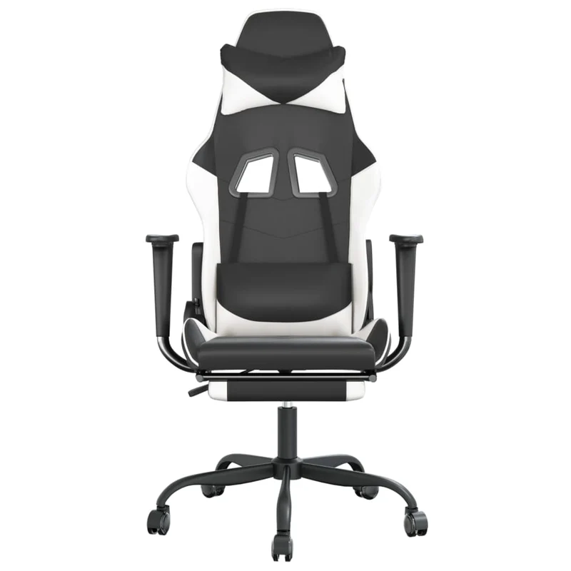 Fauteuil de bureau chaise gaming sur roulettes avec repose-pieds en PVC noir et blanc DEC025748