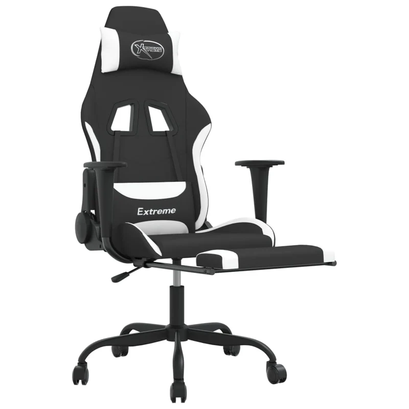 Fauteuil de bureau chaise gaming sur roulettes avec repose-pieds en tissu noir et blanc DEC025749
