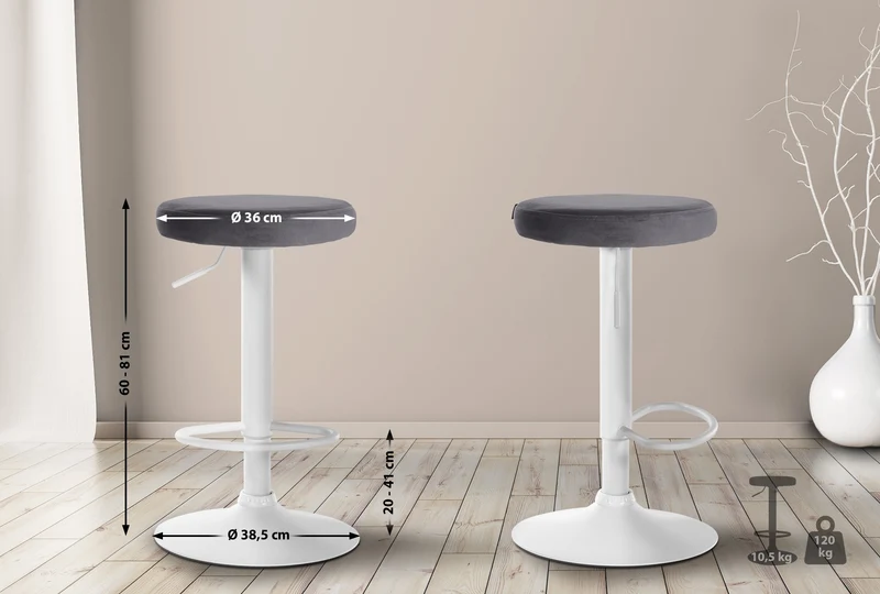 Tabouret de bar x1 design simple hauteur réglable revêtement en velours gris foncé pieds en métal blanc 10_0005356