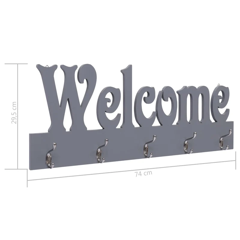 Porte-manteau mural en MDF gris WELCOME avec 5 crochets 74x29,5 cm DEC024227
