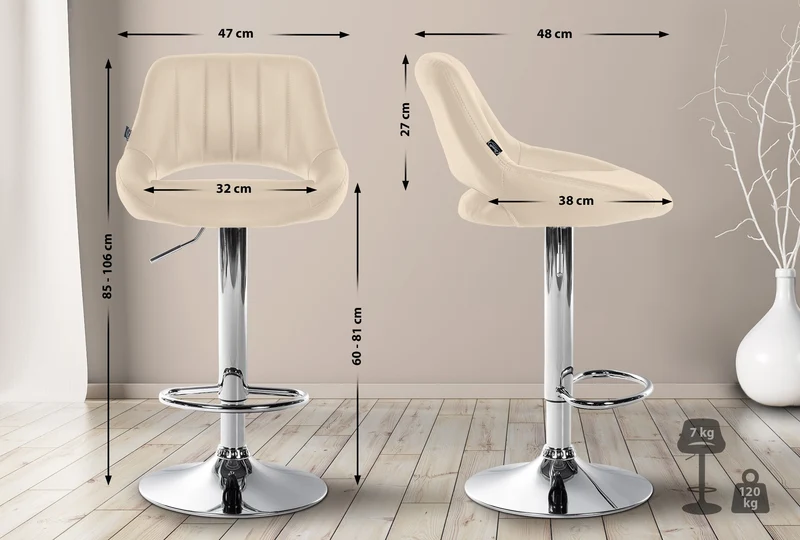 Lot de 2 tabourets de bar avec repose-pieds en forme d'arc assise en similicuir crème cadre en métal TDB10751