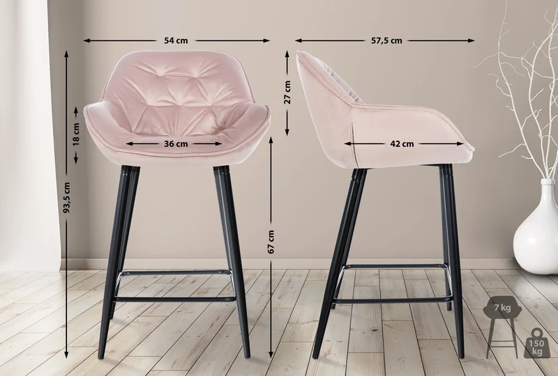 Tabouret de bar x1 moderne en velours rose assise enveloppante capitonnée pieds métal noir 10_0005783