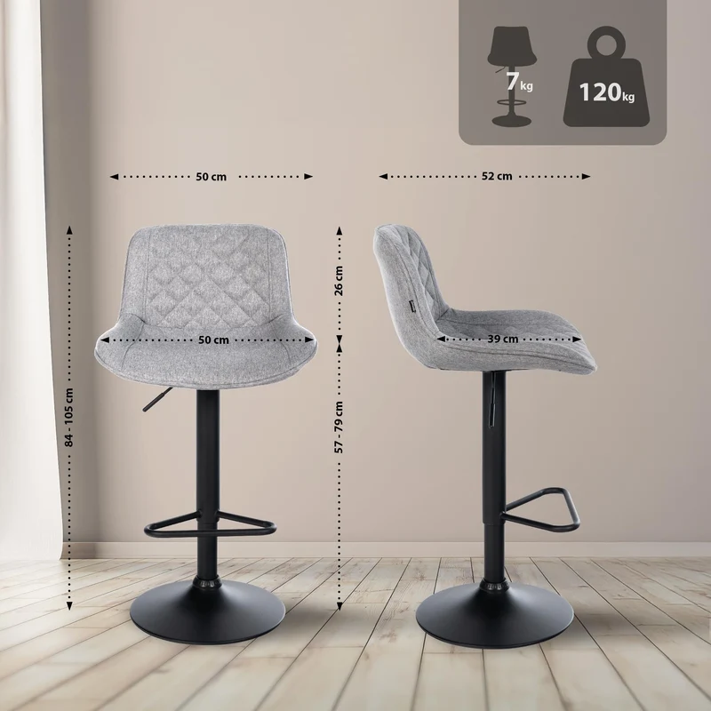 Lot de 2 tabourets de bar repose-pieds hauteur réglable en tissu gris clair coutures losange cadre métal noir 10_0006232