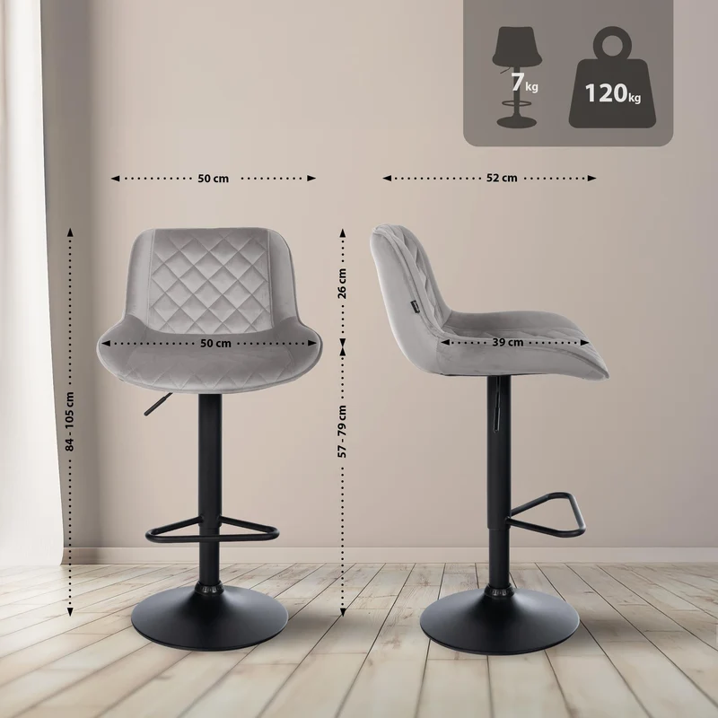 Lot de 2 tabourets de bar repose-pieds hauteur réglable en velours gris coutures losange cadre métal noir 10_0006193