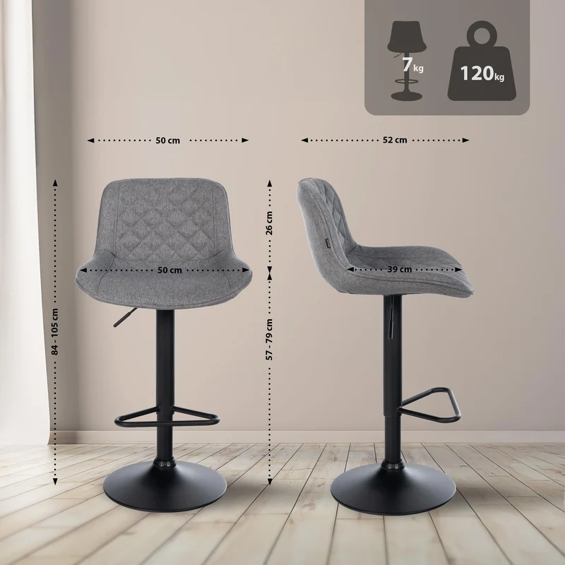 Lot de 2 tabourets de bar repose-pieds hauteur réglable en tissu gris foncé coutures losange cadre métal noir 10_0006159