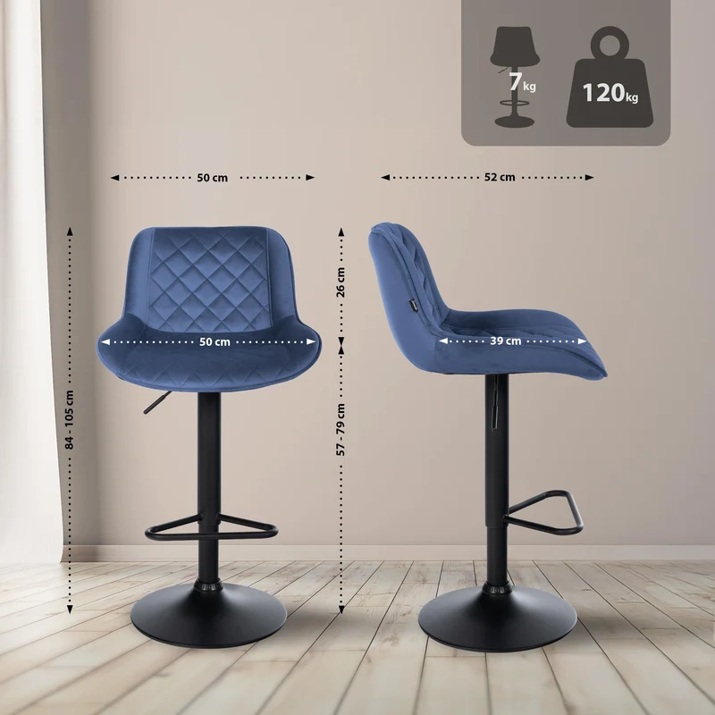 Lot de 2 tabourets de bar repose-pieds hauteur réglable en velours bleu coutures losange cadre métal noir 10_0006066