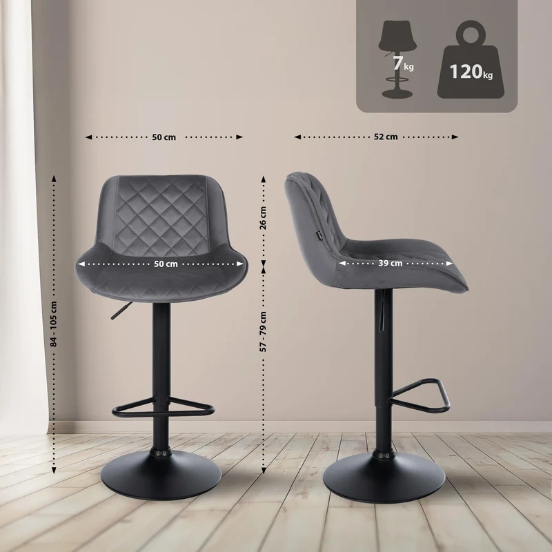 Tabouret de bar x1 repose-pieds hauteur réglable en velours gris foncé coutures losange cadre métal noir 10_0005940