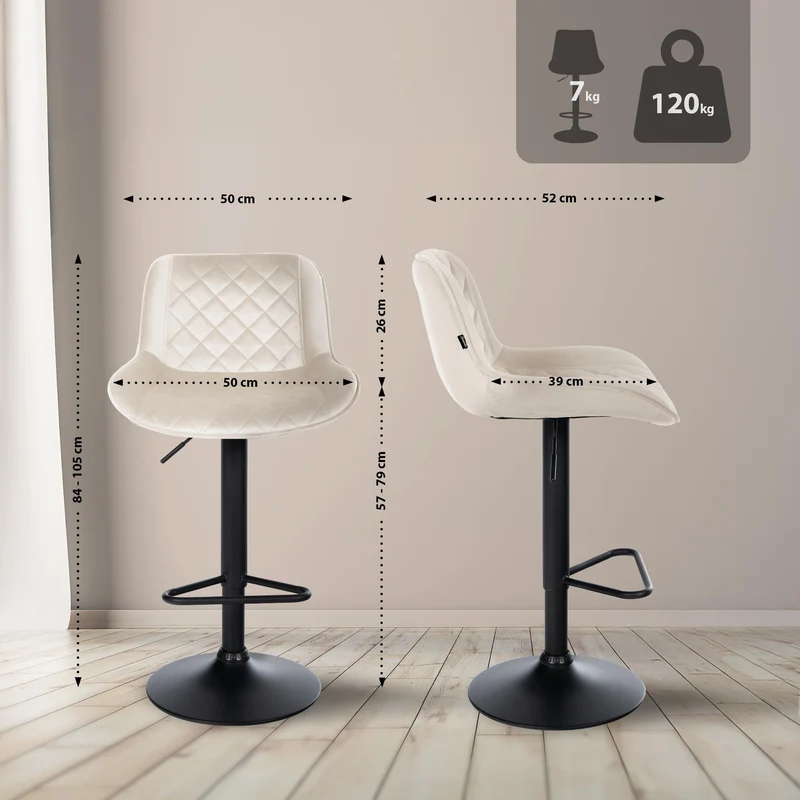 Tabouret de bar x1 repose-pieds hauteur réglable en velours cème coutures losange cadre métal noir 10_0005627