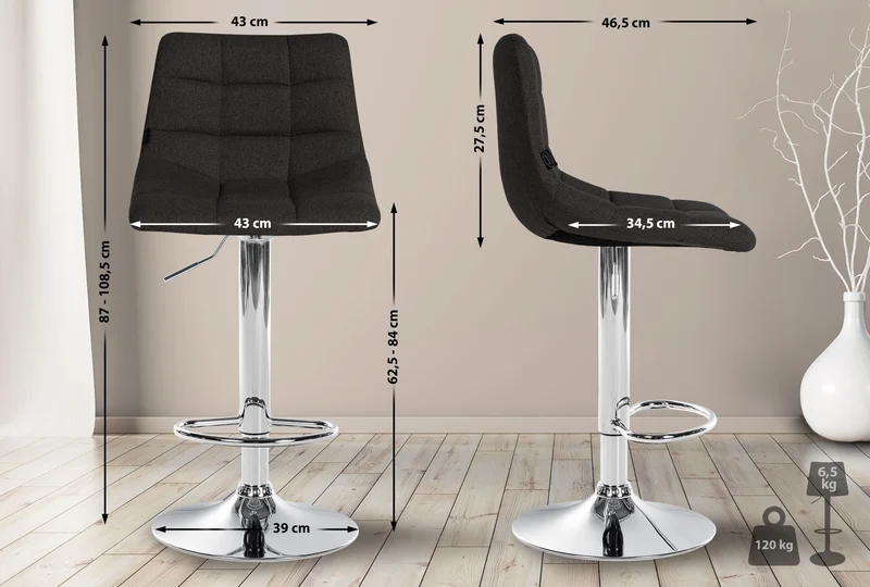 Lot de 2 tabourets de bar moderne en tissu noir motif matelassé piètement trompette métal chromé 10_0005886