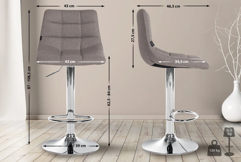 Tabouret de bar x1 moderne en tissu gris motif matelassé piètement trompette métal chromé 10_0005855