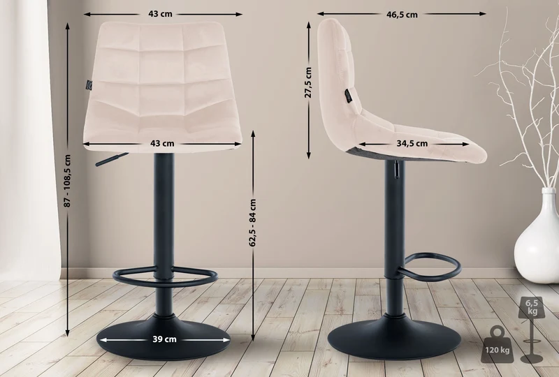 Tabouret de bar x1 moderne en velours crème motif matelassé piètement trompette métal noir 10_0005666