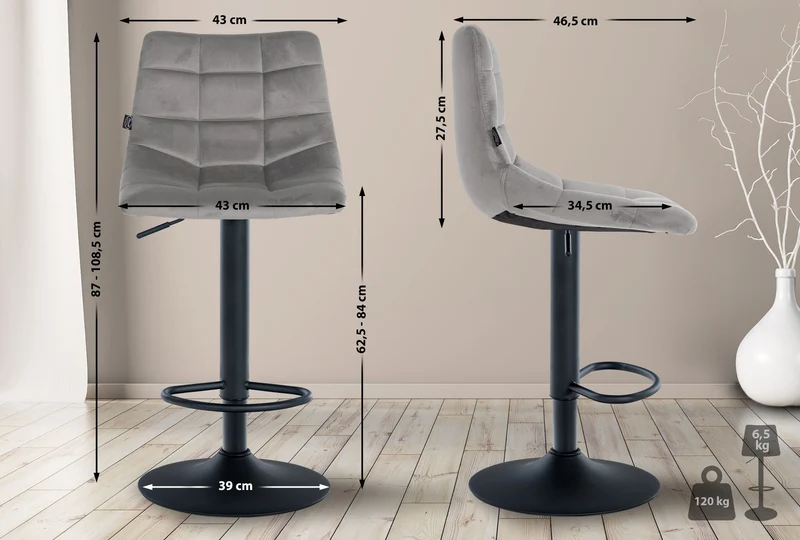 Tabouret de bar x1 moderne en velours gris motif matelassé piètement trompette métal noir 10_0005664