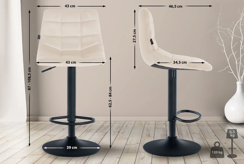 Tabouret de bar x1 moderne en velours noir motif matelassé piètement trompette métal noir 10_0005663