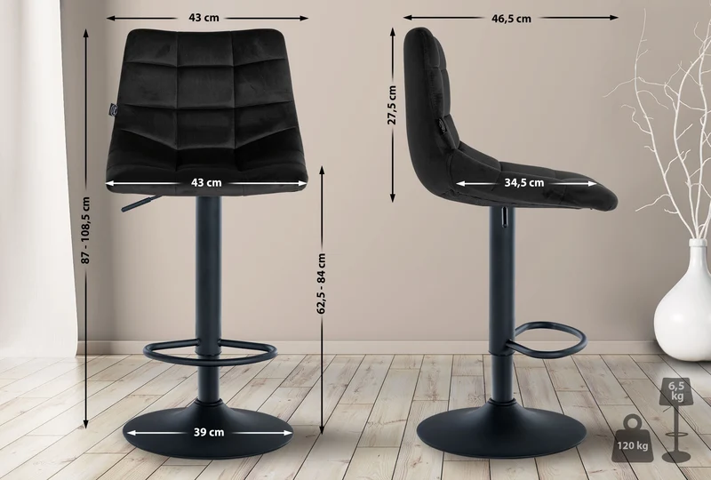 Tabouret de bar x1 moderne en velours noir motif matelassé piètement trompette métal noir 10_0005661
