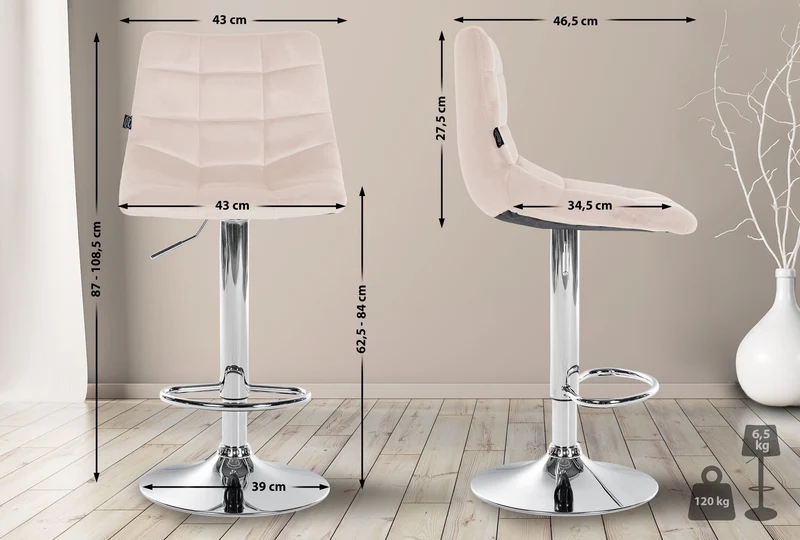 Tabouret de bar x1 moderne en velours crème motif matelassé piètement trompette métal chromé 10_0005660