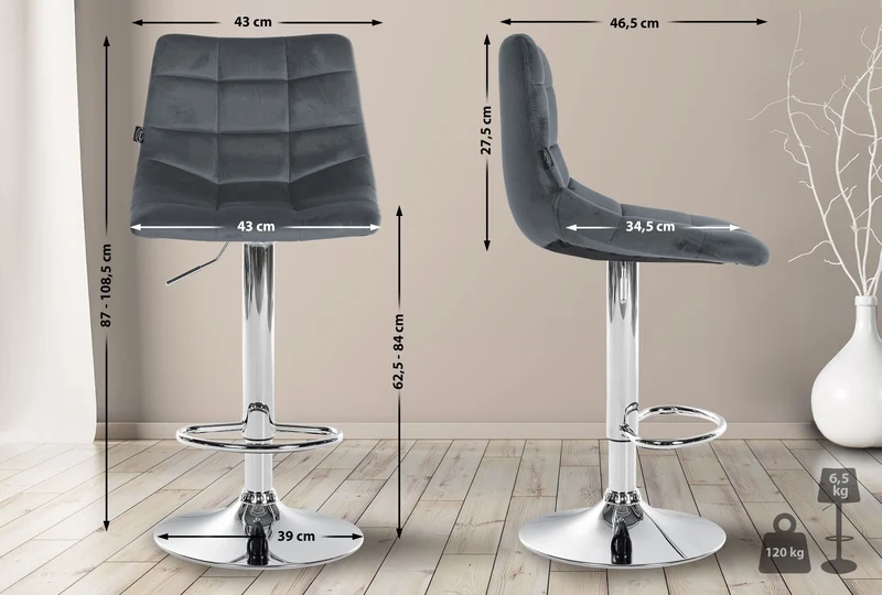 Tabouret de bar x1 moderne en velours gris motif matelassé piètement trompette métal chromé 10_0005659