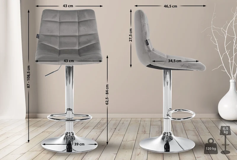Tabouret de bar x1 moderne en velours gris motif matelassé piètement trompette métal chromé 10_0005658