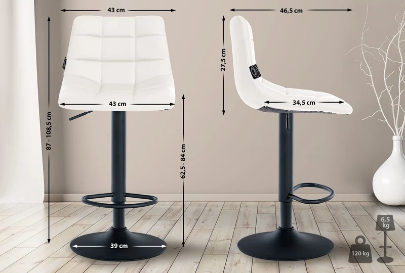 Tabouret de bar x1 moderne en PVC blanc motif matelassé piètement trompette métal noir 10_0005650