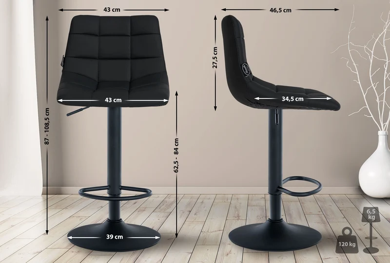Tabouret de bar x1 moderne en PVC noir motif matelassé piètement trompette métal noir 10_0005649