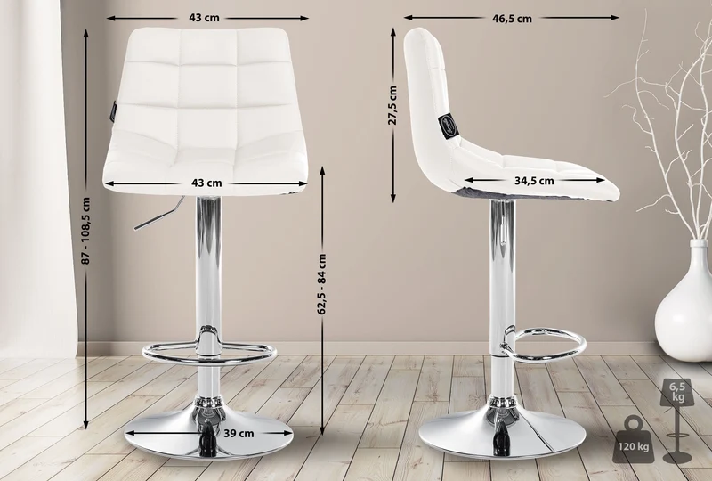 Tabouret de bar x1 moderne en PVC blanc motif matelassé piètement trompette métal chromé 10_0005647