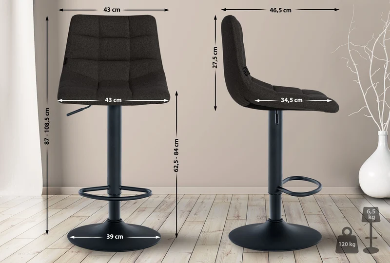 Tabouret de bar x1 moderne en tissu noir motif matelassé piètement trompette métal noir 10_0005643