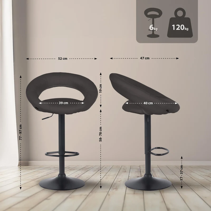 Tabouret de bar x1 assise ronde et style contemporain en tissu gris foncé et métal noir 10_0005902