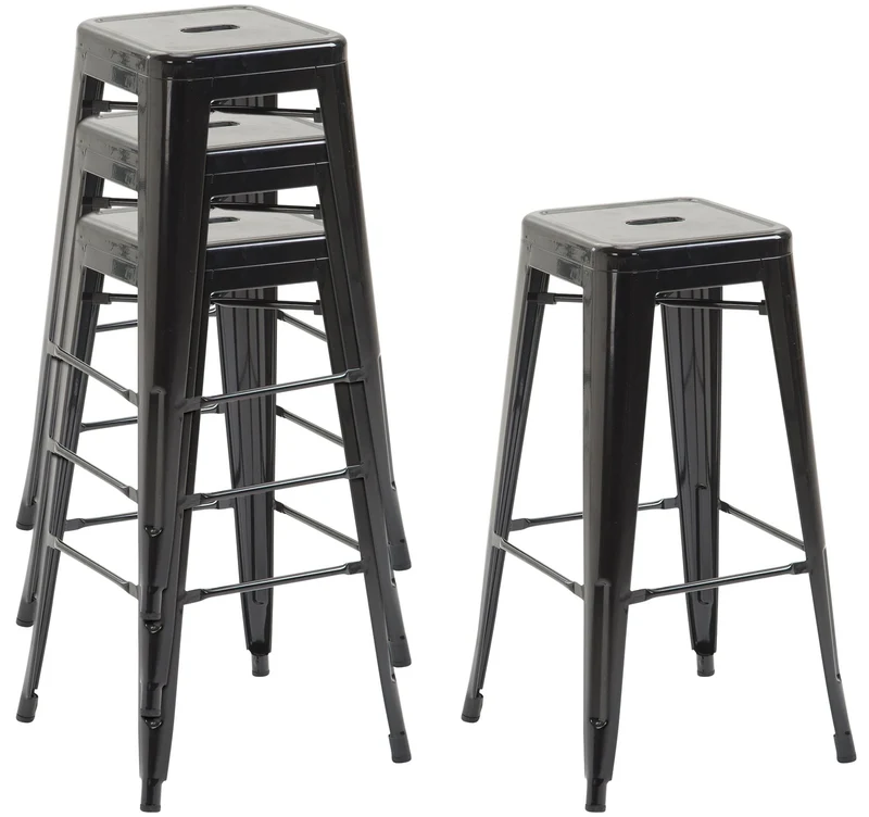Lot de 2 tabourets de bar hauteur 76 cm design industriel structure robuste à quatre pieds métal noir 10_0005571