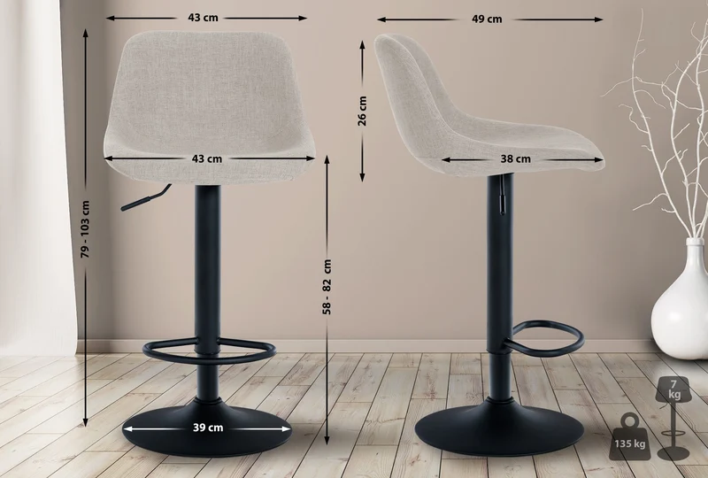 Lot de 2 tabourets de bar rotation à 360°en tissu crème pieds en trompette métal noir 10_0006133