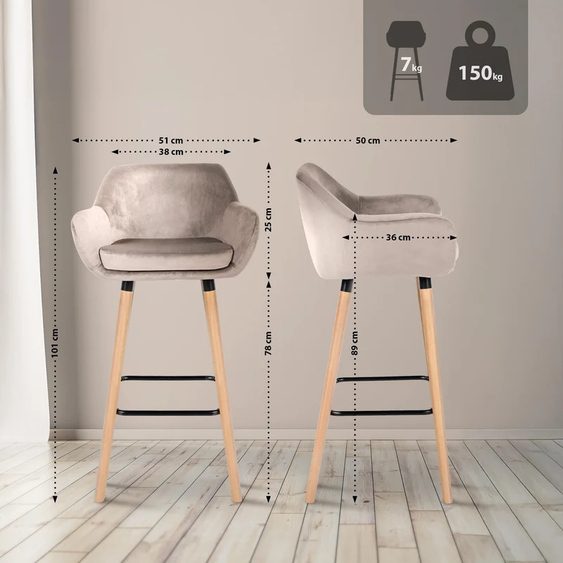 Tabouret de bar x1 design scandinave en velours crème cadre en bois repose-pieds en métal 10_0006484