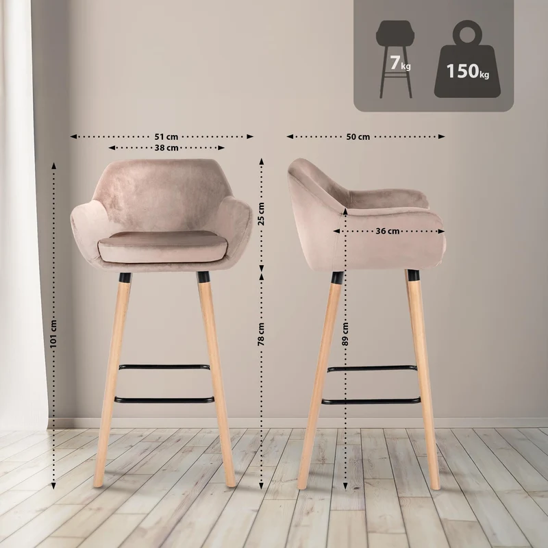 Lot de 2 tabourets de bar design scandinave en velours gris clair cadre en bois repose-pieds en métal 10_0006450