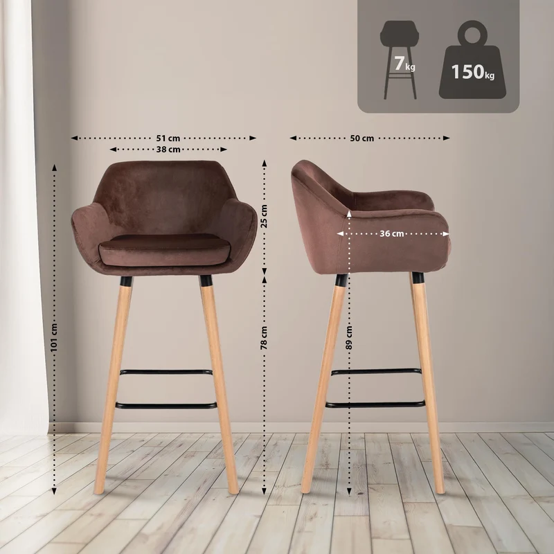 Tabouret de bar x1 design scandinave en velours marron cadre en bois repose-pieds en métal 10_0006213