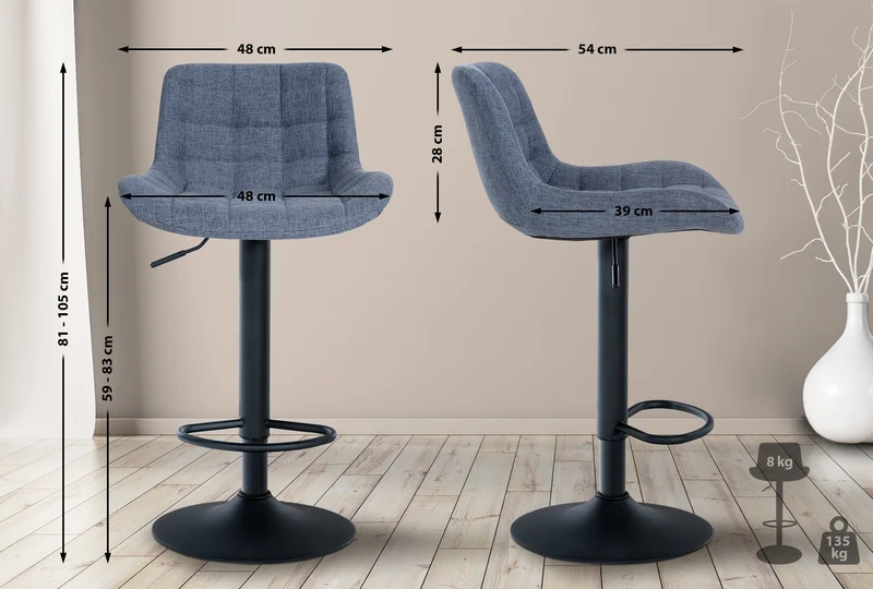 Tabouret de bar x1 structure métallique noir assise en tissu bleu avec surpiqûres 10_0005449