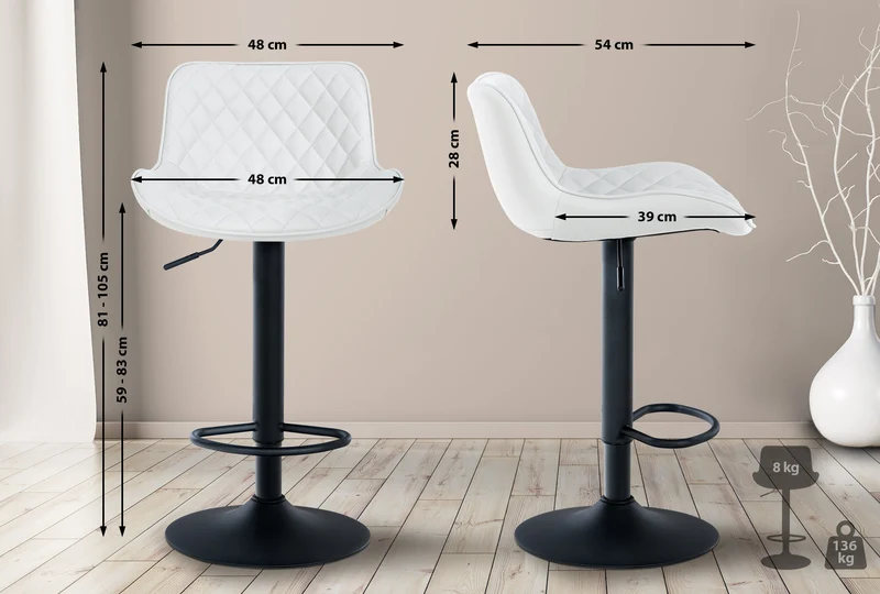Lot de 2 tabourets de bar réglable et pivotant assise en synthétique blanc pieds métal noir TDB10603