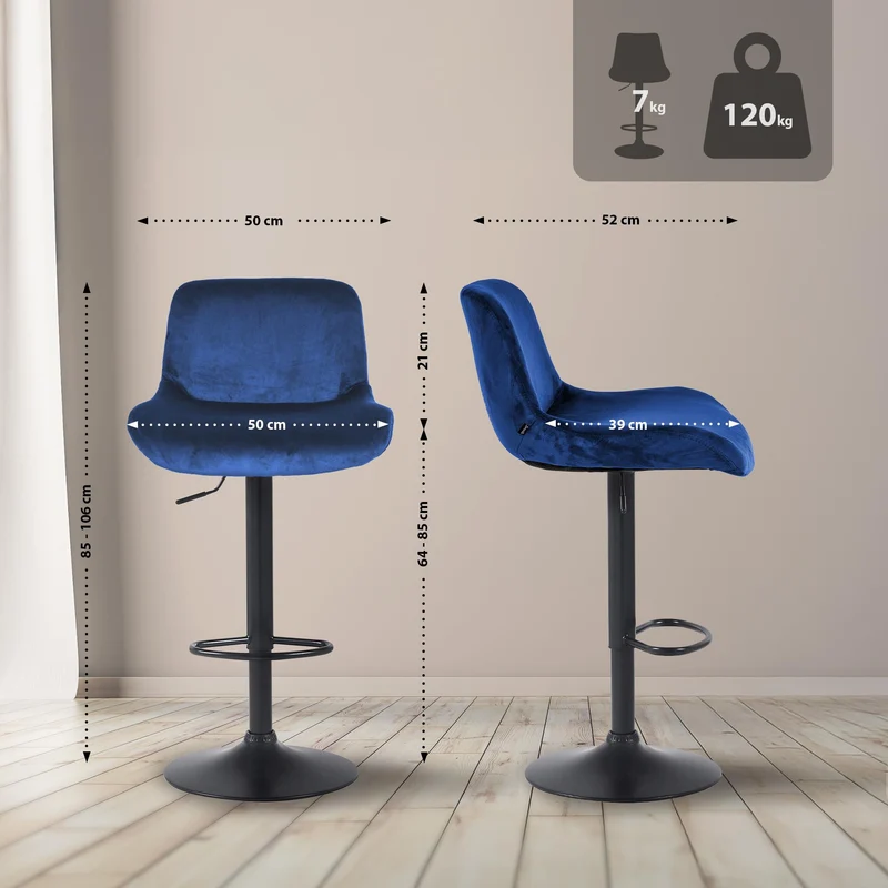 Lot de 2 tabourets de bar réglable en hauteur et rotatif repose-pieds en velours bleu cadre en métal noir 10_0006393