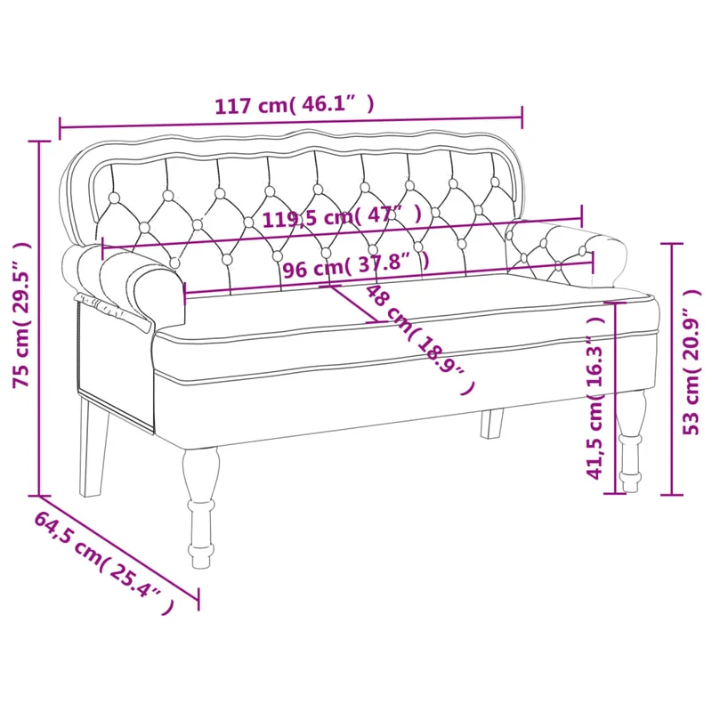 Banquette banc avec dossier capitonné et accoudoirs 119,5 x 64,5 x 75 cm en velours rouge bordeaux DEC024641