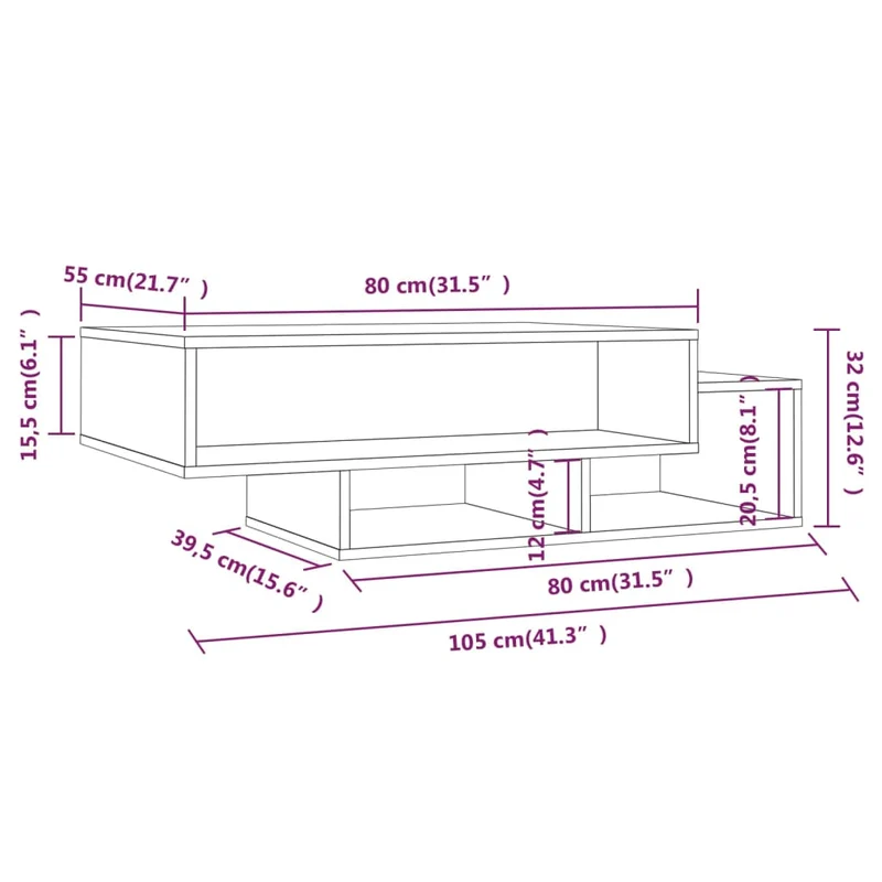 Table basse avec 3 compartiments 105 x 55 x 32 cm bois d'ingénierie gris DEC040004