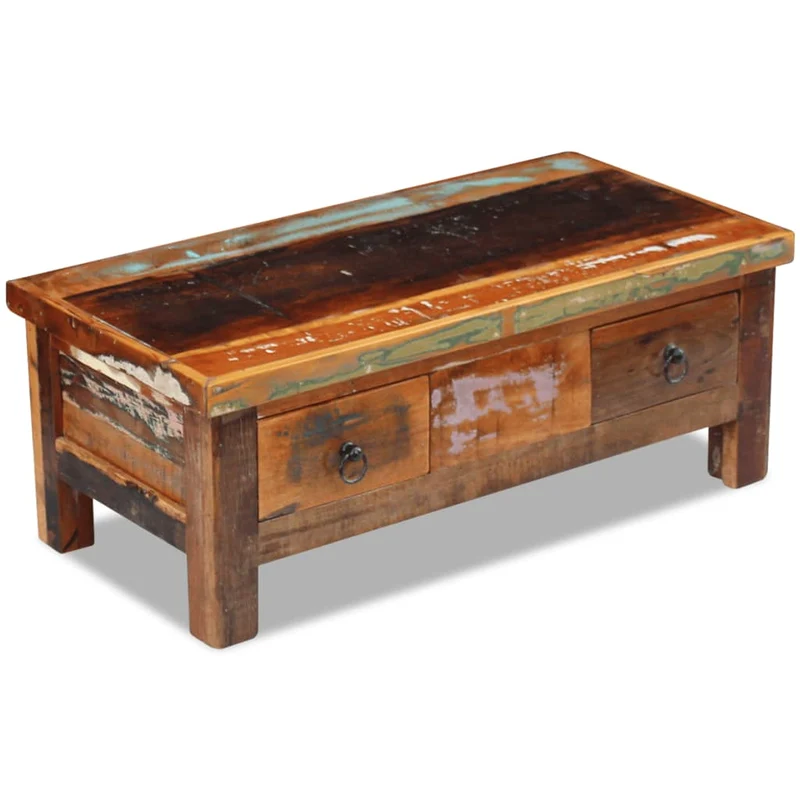 Table basse avec tiroirs en bois de récupération effet vieilli coloré 90 x 45 x 35 cm DEC040218