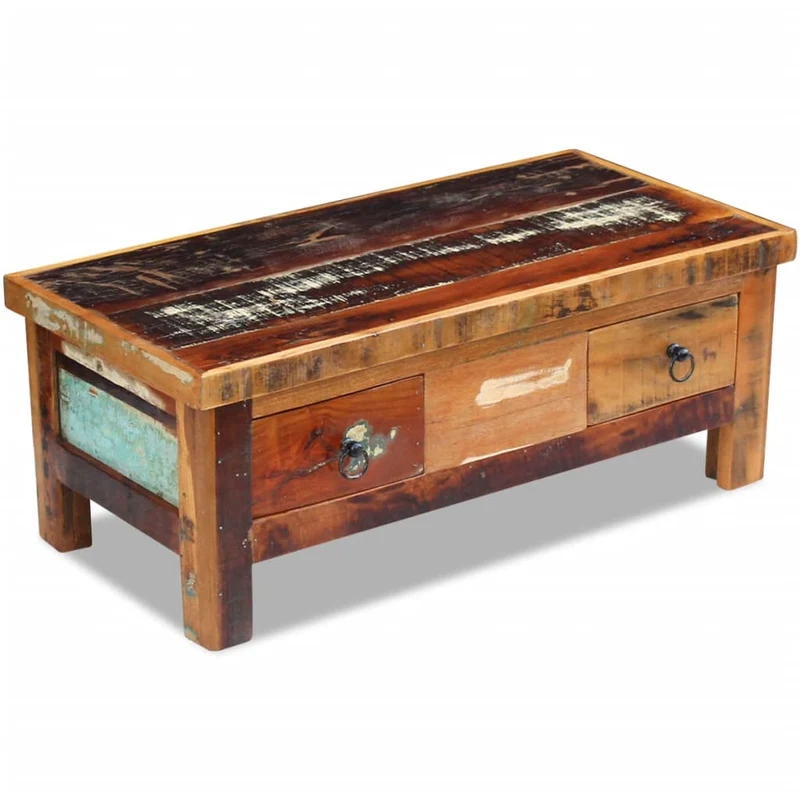 Table basse avec tiroirs en bois de récupération effet vieilli coloré 90 x 45 x 35 cm DEC040218